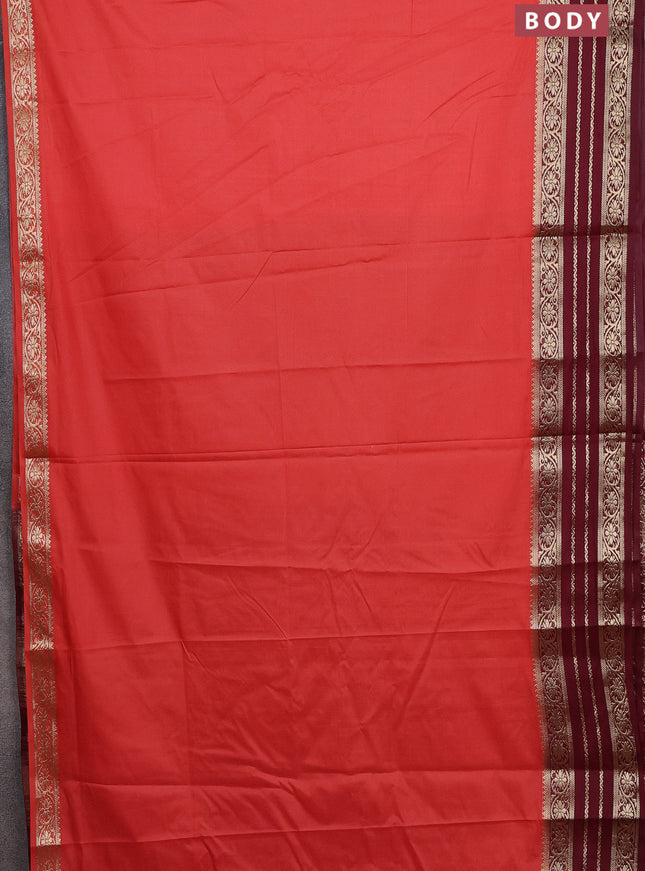 Semi mysore silk saree peach orange and maroon with plain body and zari woven border