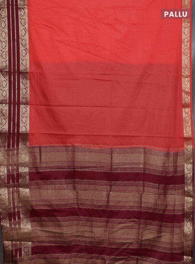 Semi mysore silk saree peach orange and maroon with plain body and zari woven border