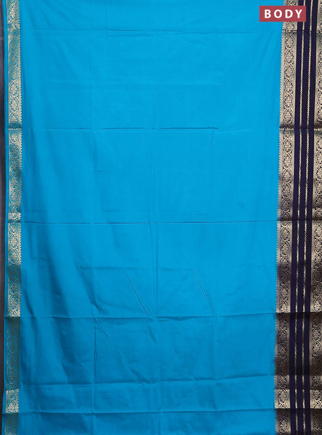 Semi mysore silk saree teal blue and navy blue with plain body and zari woven border