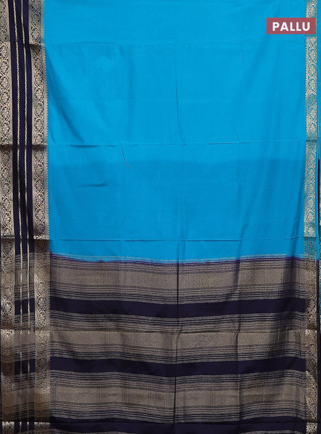 Semi mysore silk saree teal blue and navy blue with plain body and zari woven border