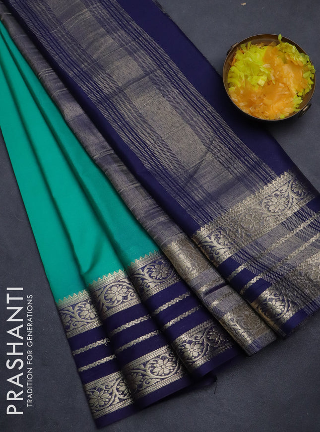 Semi mysore silk saree teal green and dark blue with plain body and zari woven border