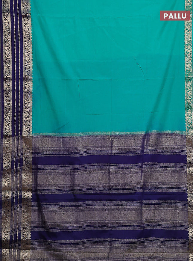 Semi mysore silk saree teal green and dark blue with plain body and zari woven border