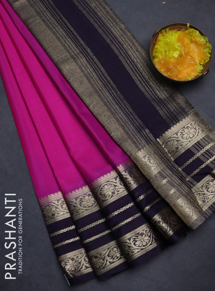 Semi mysore silk saree magenta pink and deep jamun with plain body and zari woven border
