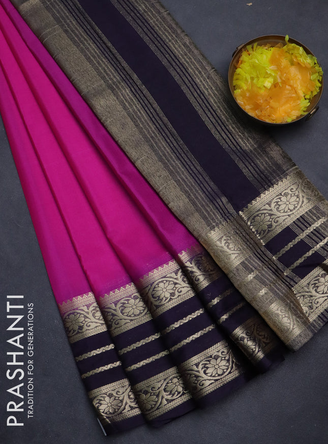 Semi mysore silk saree magenta pink and deep jamun with plain body and zari woven border
