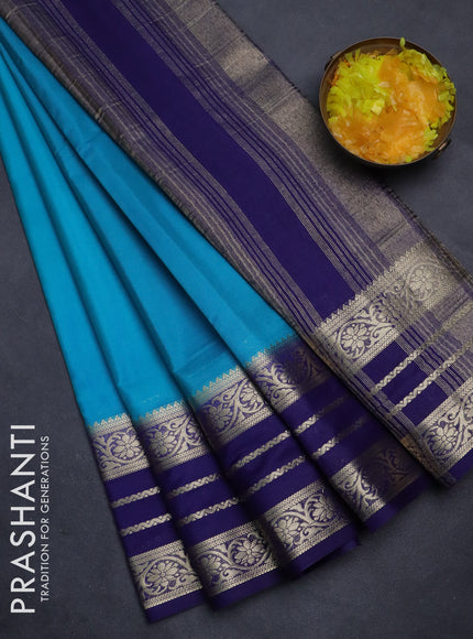 Semi mysore silk saree teal blue and blue with plain body and zari woven border