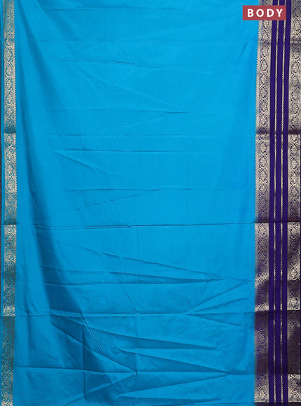Semi mysore silk saree teal blue and blue with plain body and zari woven border