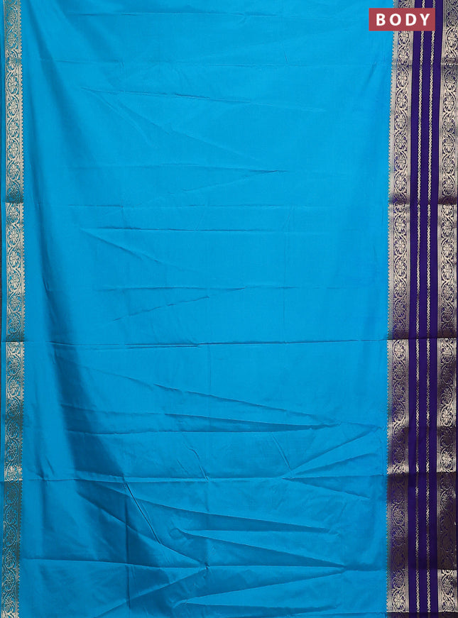 Semi mysore silk saree teal blue and blue with plain body and zari woven border
