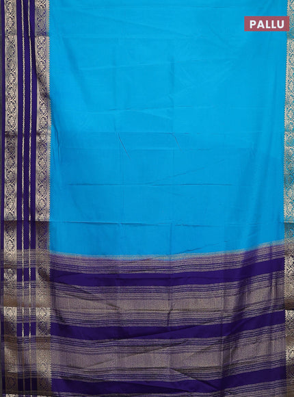 Semi mysore silk saree teal blue and blue with plain body and zari woven border