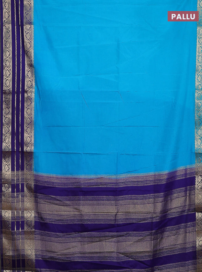 Semi mysore silk saree teal blue and blue with plain body and zari woven border