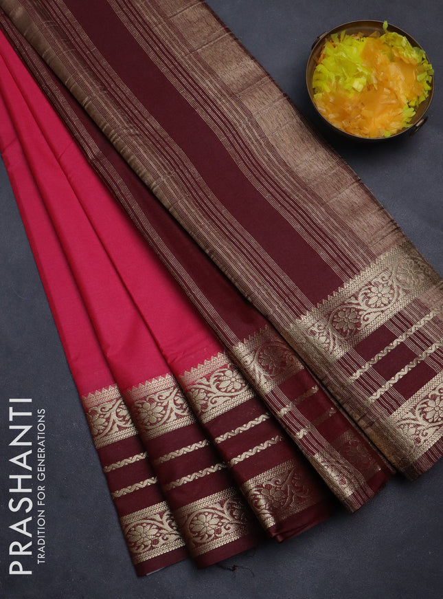 Semi mysore silk saree pink and deep maroon with plain body and zari woven border