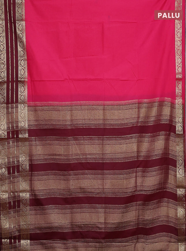 Semi mysore silk saree pink and deep maroon with plain body and zari woven border