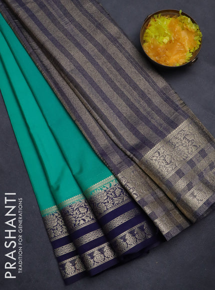 Semi mysore silk saree teal green and dark blue with plain body and zari woven border