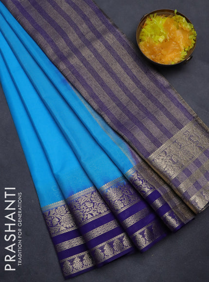 Semi mysore silk saree light blue and blue with plain body and zari woven border