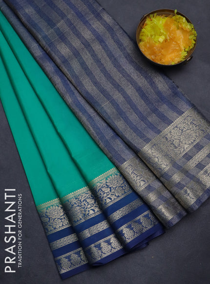 Semi mysore silk saree teal green and peacock blue with plain body and zari woven border