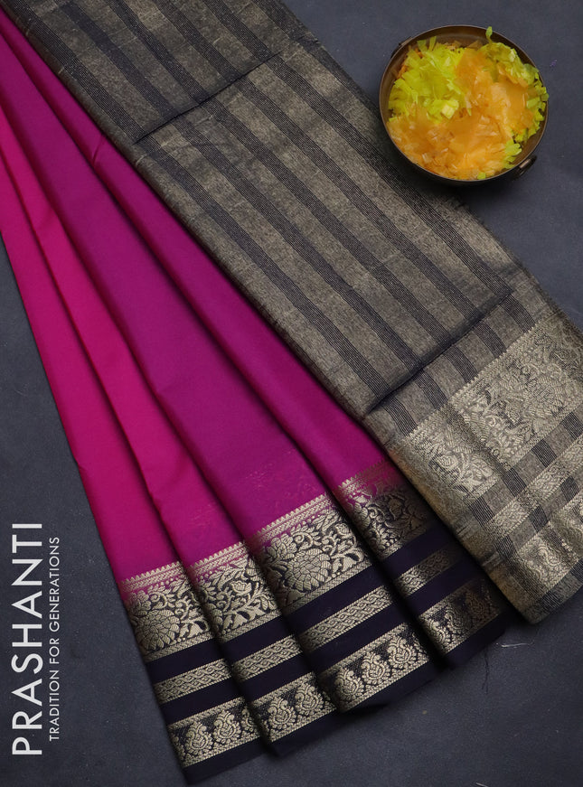 Semi mysore silk saree magenta pink and dark blue with plain body and zari woven border
