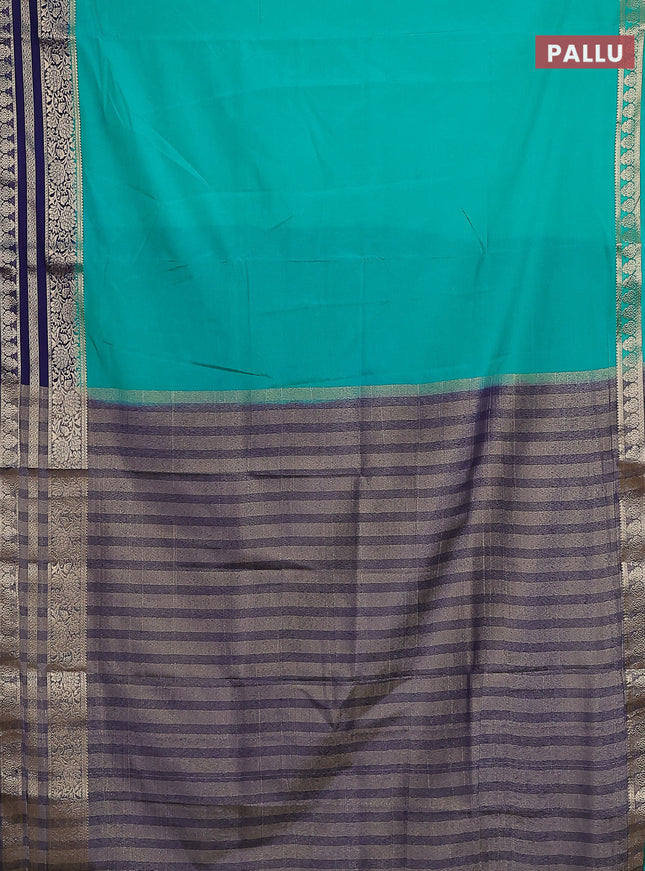 Semi mysore silk saree teal green and dark blue with plain body and zari woven border