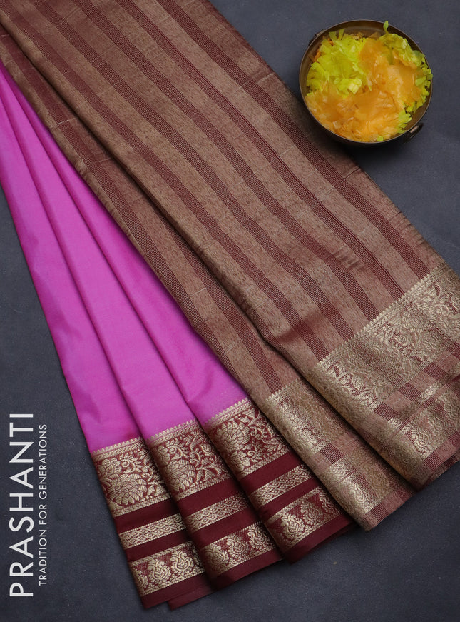 Semi mysore silk saree lotus pink and deep maroon with plain body and zari woven border