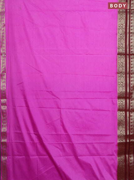 Semi mysore silk saree lotus pink and deep maroon with plain body and zari woven border