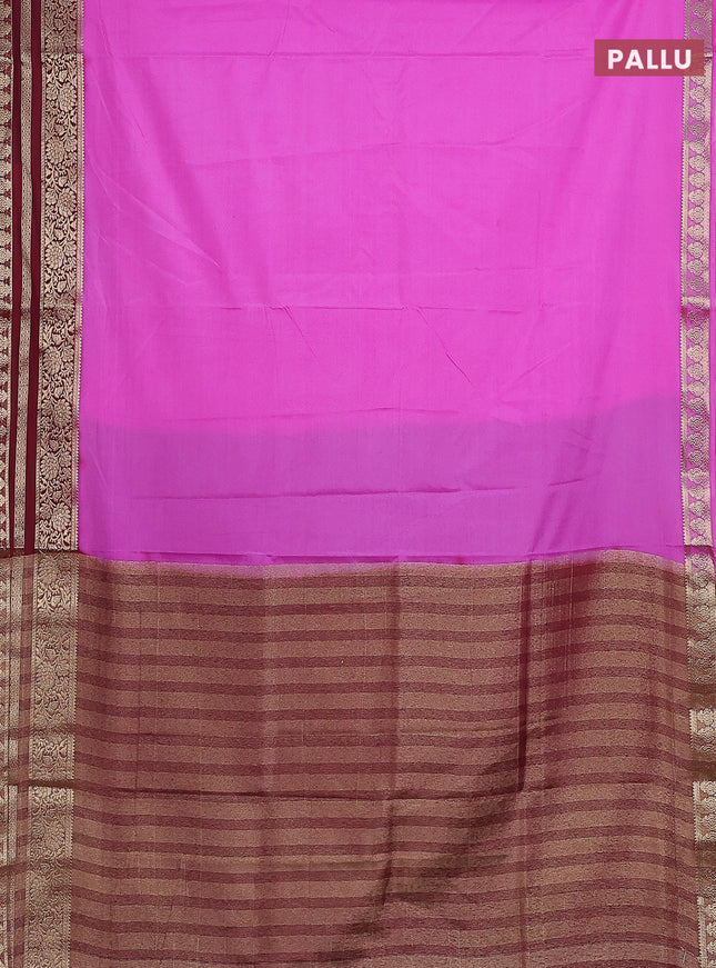 Semi mysore silk saree lotus pink and deep maroon with plain body and zari woven border