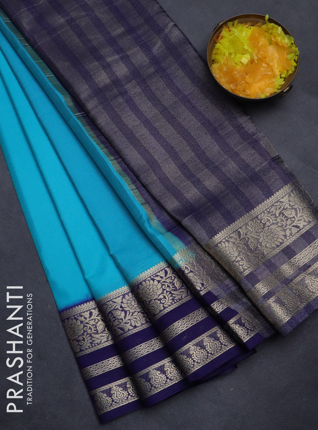 Semi mysore silk saree teal blue and blue with plain body and zari woven border