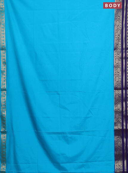 Semi mysore silk saree teal blue and blue with plain body and zari woven border