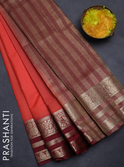 Semi mysore silk saree dark peach and deep maroon with plain body and zari woven border