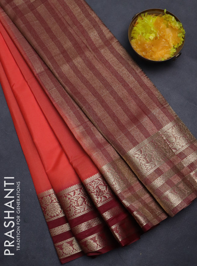 Semi mysore silk saree dark peach and deep maroon with plain body and zari woven border