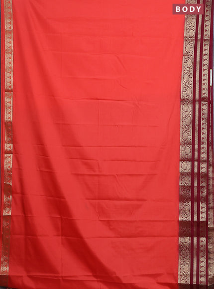 Semi mysore silk saree dark peach and deep maroon with plain body and zari woven border