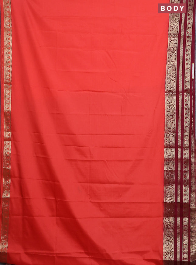 Semi mysore silk saree dark peach and deep maroon with plain body and zari woven border