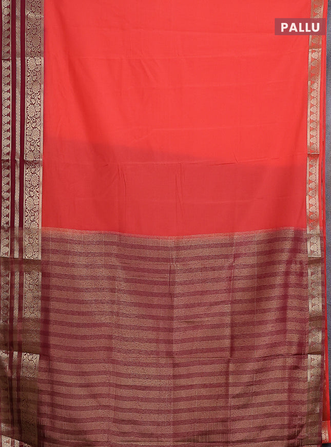 Semi mysore silk saree dark peach and deep maroon with plain body and zari woven border