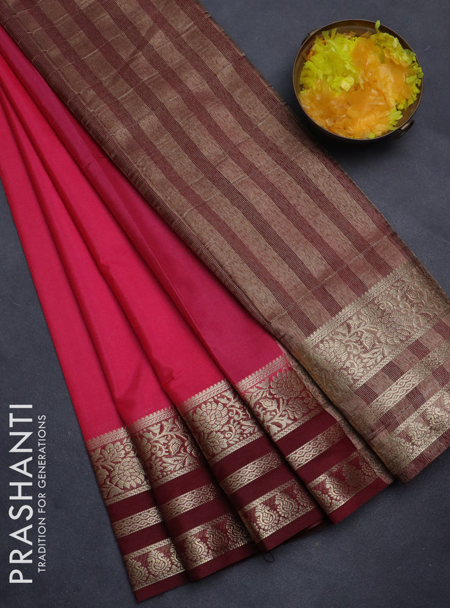 Semi mysore silk saree pink shade and deep maroon with plain body and zari woven border