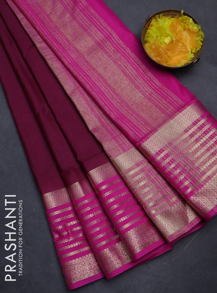 Semi mysore silk saree wine shade and pink with plain body and zari woven border