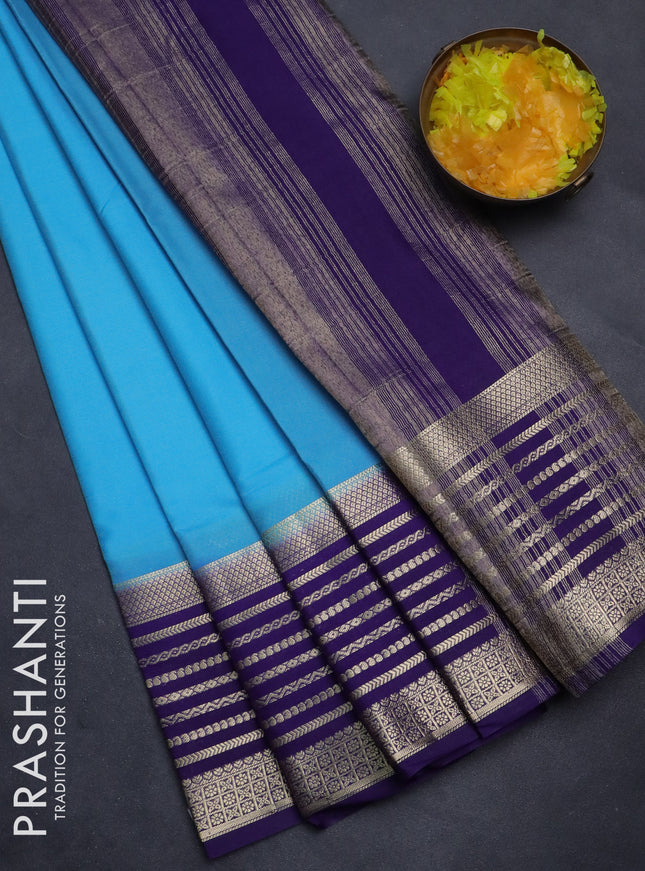Semi mysore silk saree light blue and violet with plain body and zari woven border