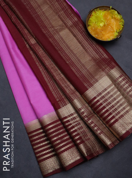 Semi mysore silk saree lotus pink and deep maroon with plain body and zari woven border