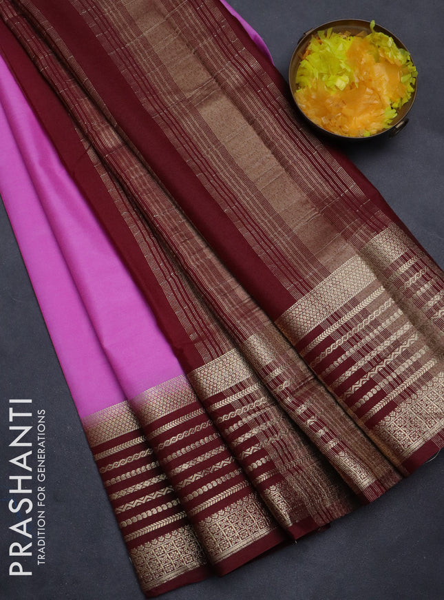 Semi mysore silk saree lotus pink and deep maroon with plain body and zari woven border