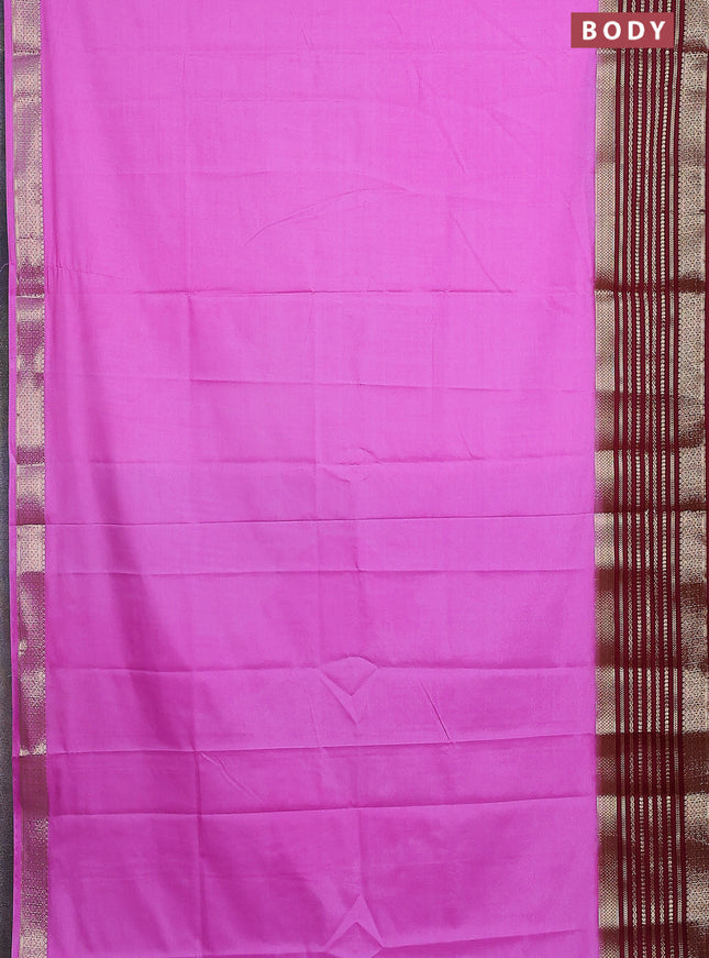 Semi mysore silk saree lotus pink and deep maroon with plain body and zari woven border