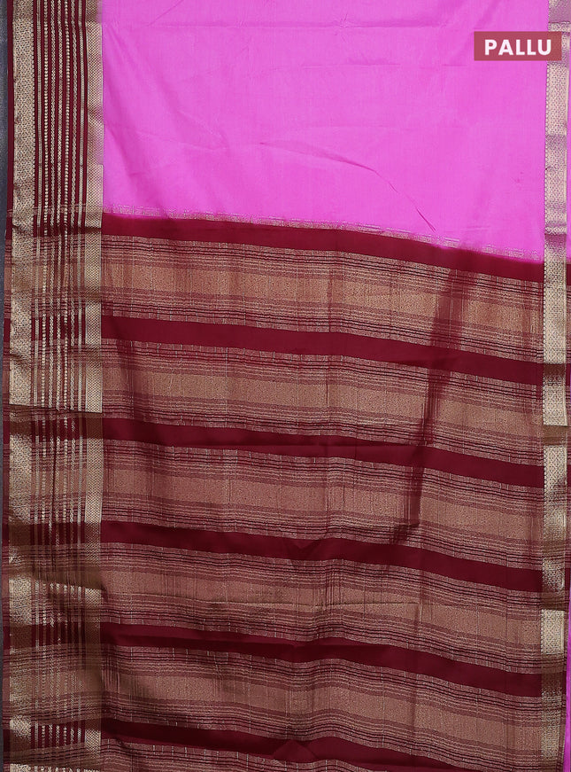 Semi mysore silk saree lotus pink and deep maroon with plain body and zari woven border