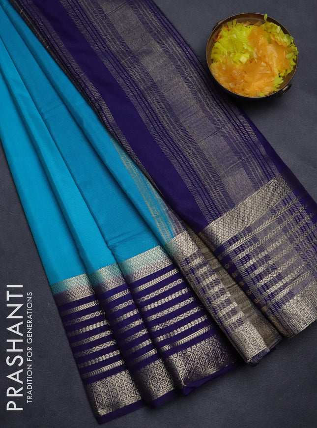 Semi mysore silk saree teal blue and blue with plain body and zari woven border