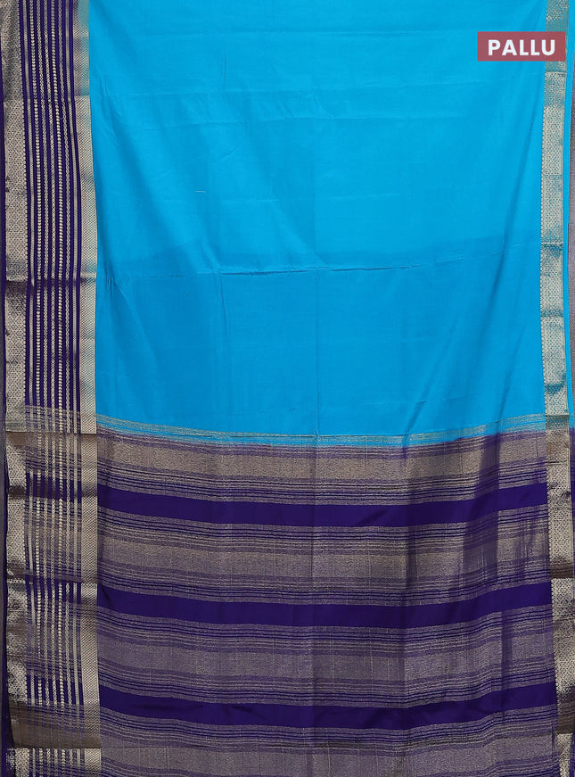 Semi mysore silk saree teal blue and blue with plain body and zari woven border