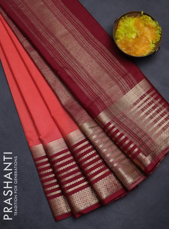 Semi mysore silk saree peach pink and maroon with plain body and zari woven border