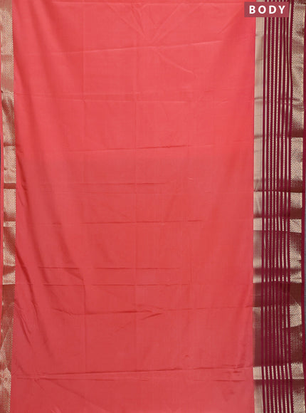 Semi mysore silk saree peach pink and maroon with plain body and zari woven border