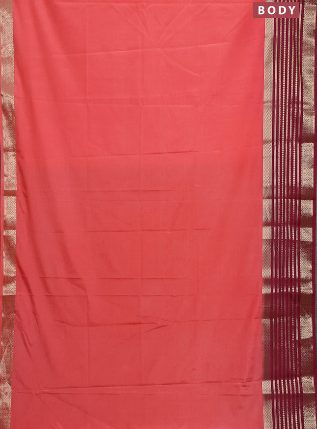 Semi mysore silk saree peach pink and maroon with plain body and zari woven border