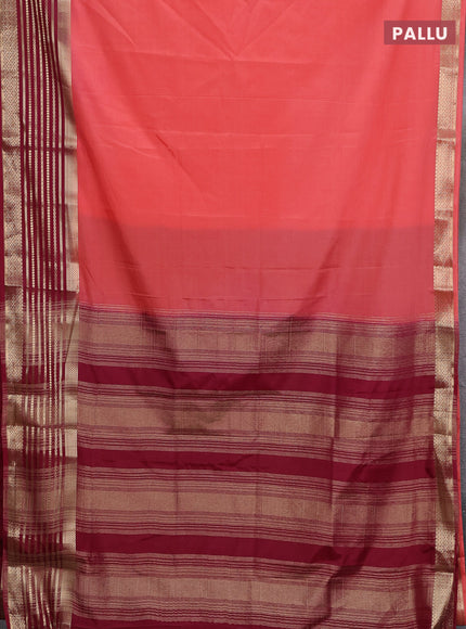 Semi mysore silk saree peach pink and maroon with plain body and zari woven border
