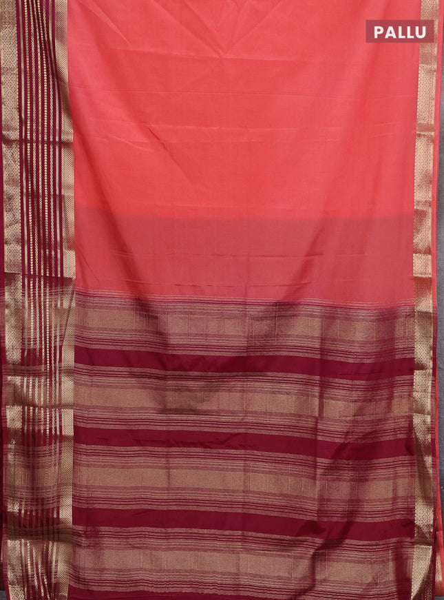 Semi mysore silk saree peach pink and maroon with plain body and zari woven border