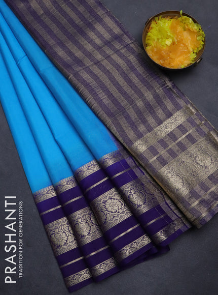 Semi mysore silk saree light blue and blue with plain body and long zari woven border