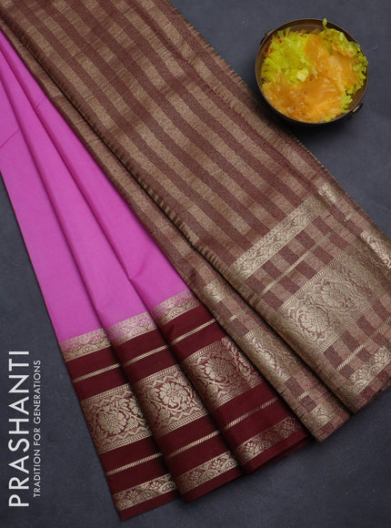 Semi mysore silk saree light pink and deep maroon with plain body and long zari woven border