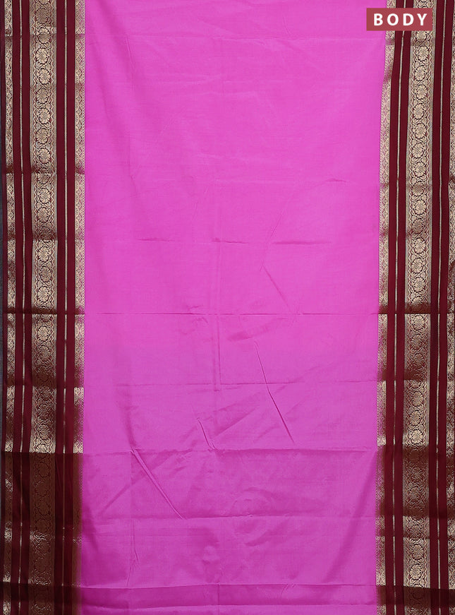 Semi mysore silk saree light pink and deep maroon with plain body and long zari woven border