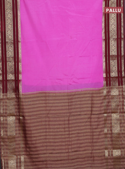 Semi mysore silk saree light pink and deep maroon with plain body and long zari woven border