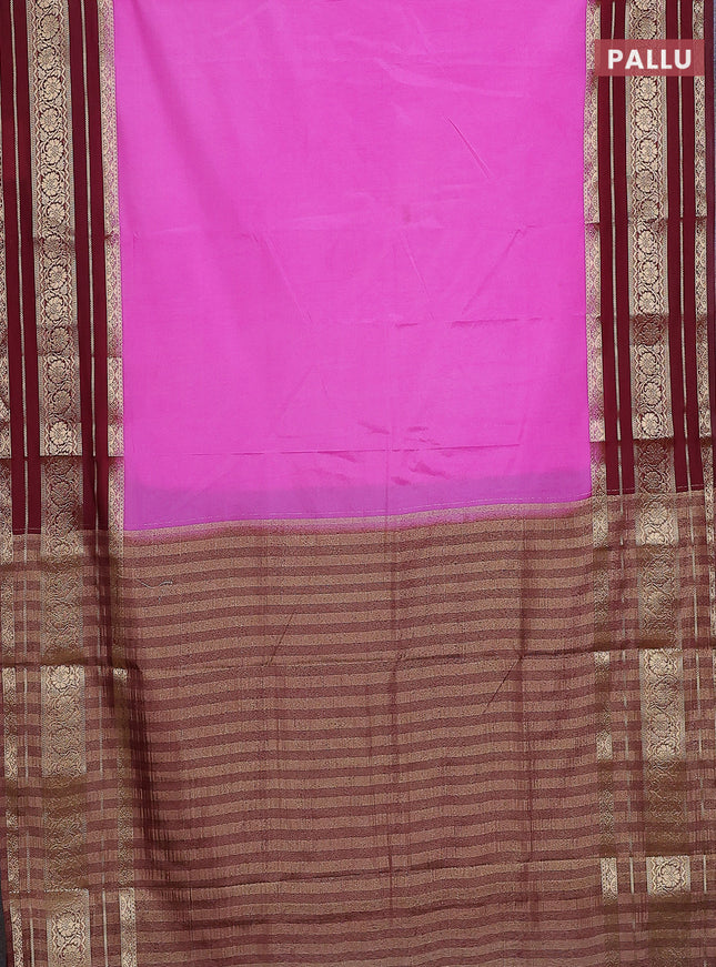 Semi mysore silk saree light pink and deep maroon with plain body and long zari woven border