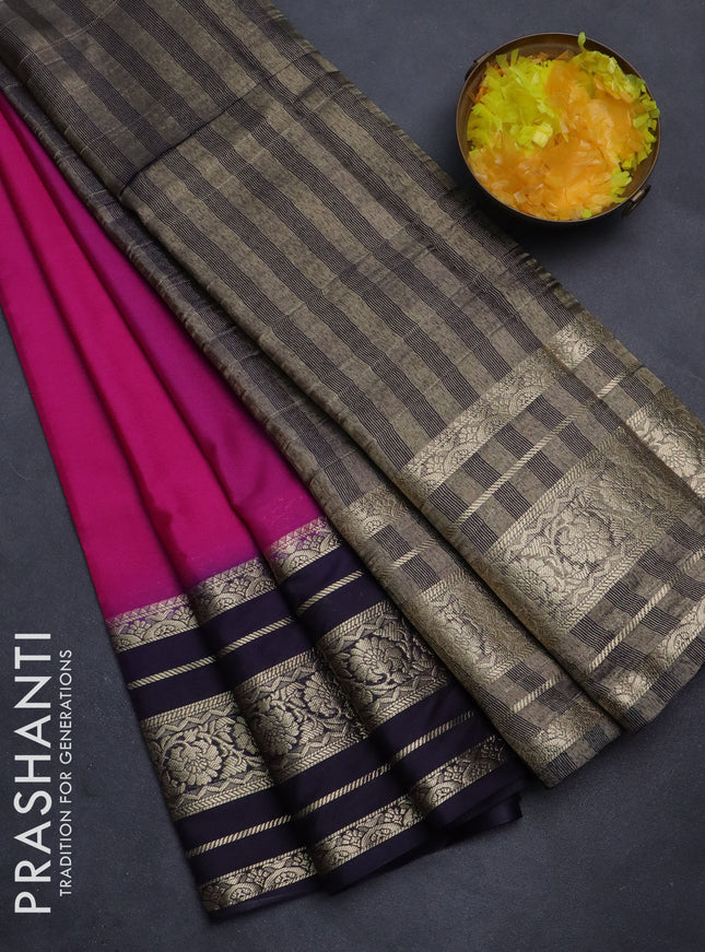 Semi mysore silk saree magenta pink and navy blue with plain body and long zari woven border
